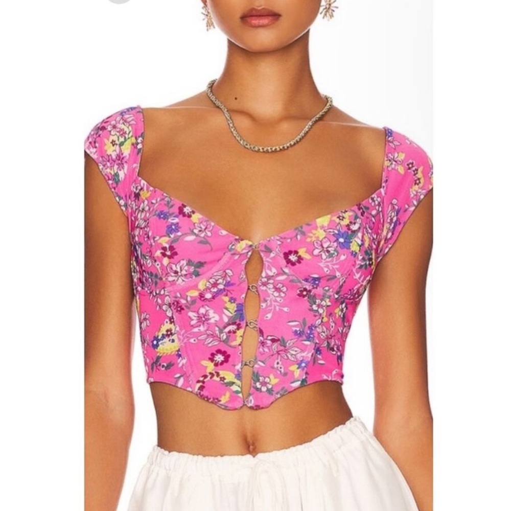 AFRM Pink Floral Button-Front Crop Bodysuit